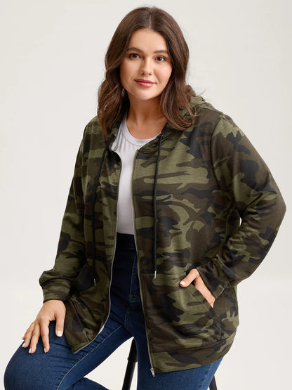 Camouflage Print Stretchy Zipper Hoodie