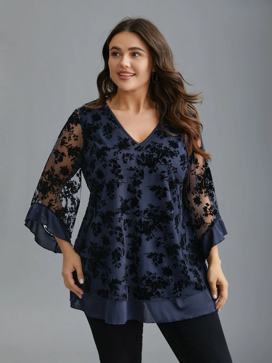 Floral Flocking Mesh Asymmetrical Hem Blouse