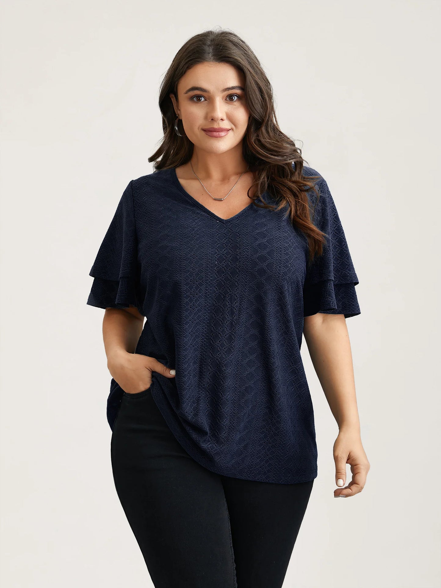 Jacquard Textured Lotus Leaf Sleeve Top