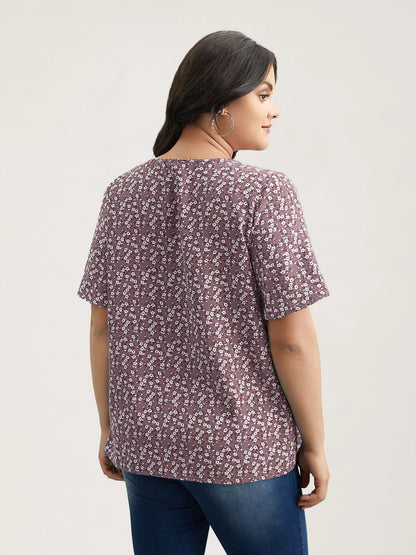 Floral Ruffle Sleeve Gathered Round Neck Blouse