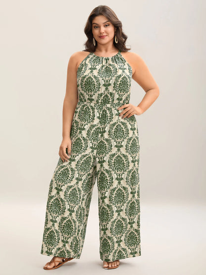 Rayon Damask Print Stretchy Waist Jumpsuit