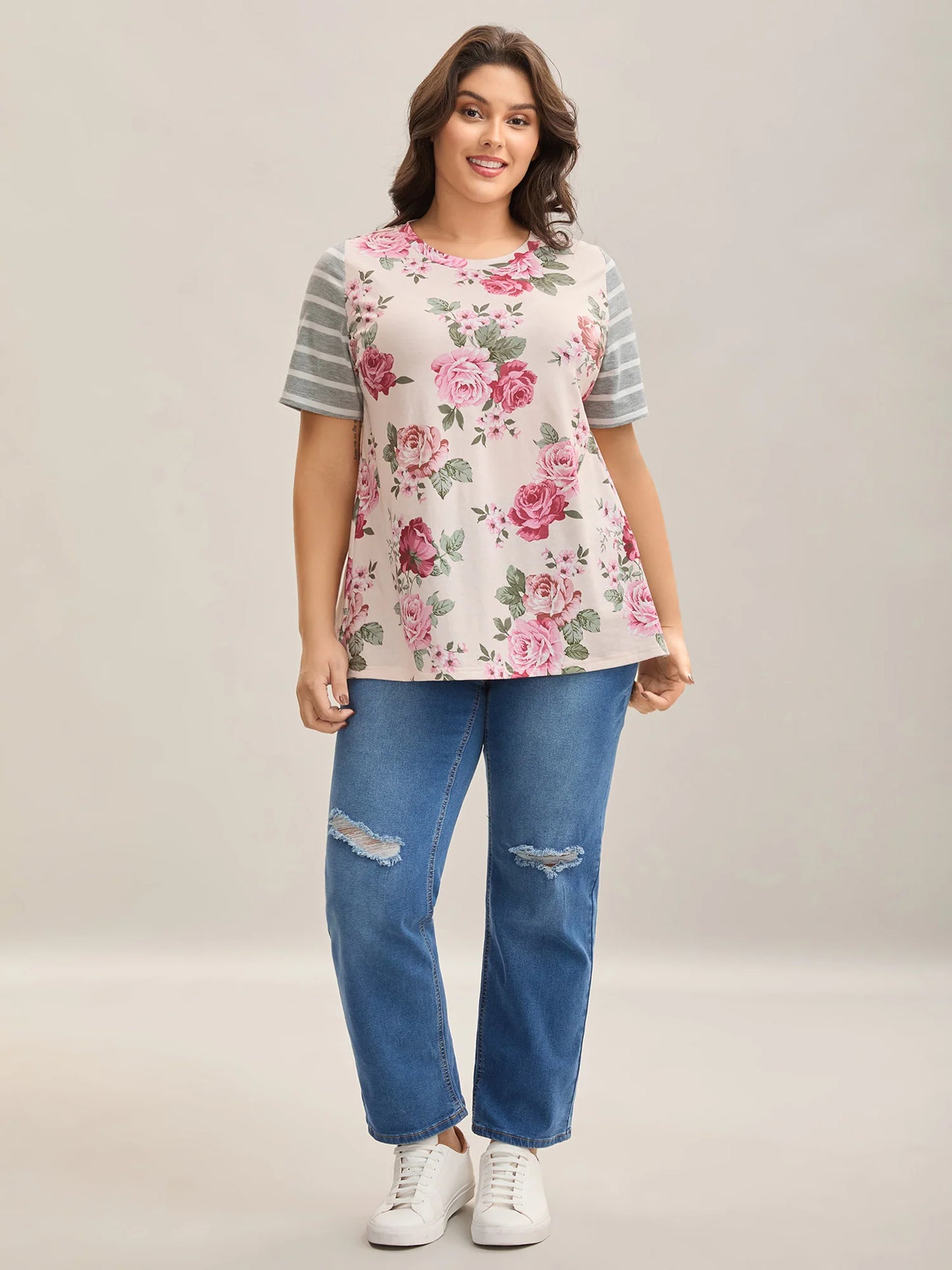 Floral Striped Stretchy Crew Neck T-Shirt
