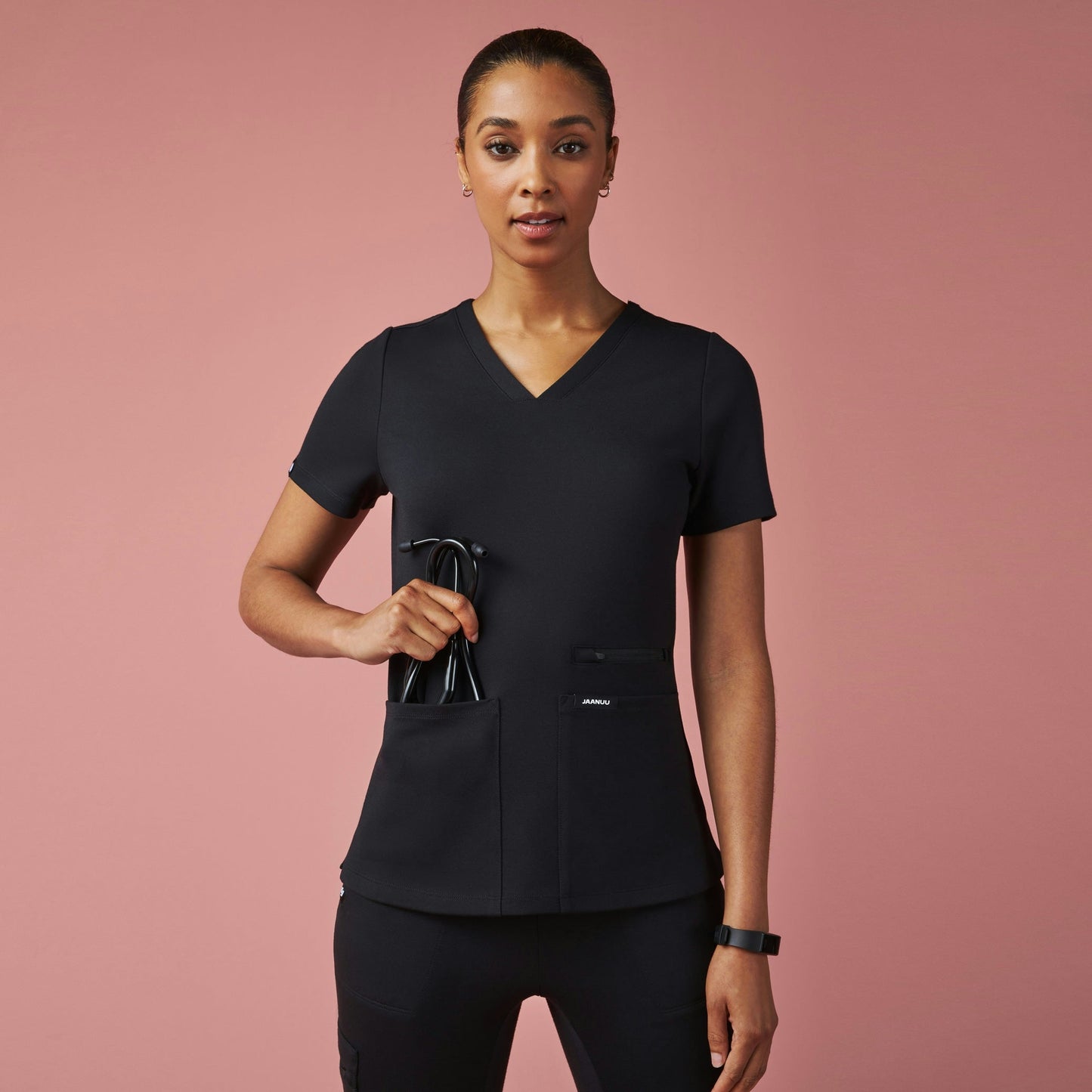 Kass Slim 4-Pocket UltraSOFT Scrub Top - Black