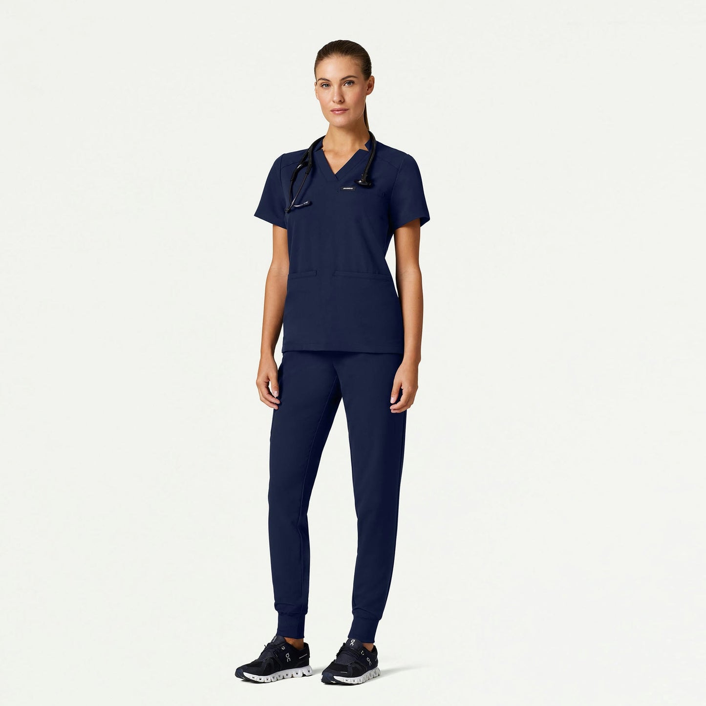 Helia Slim Notched V-Neck Scrub Top - Midnight Navy