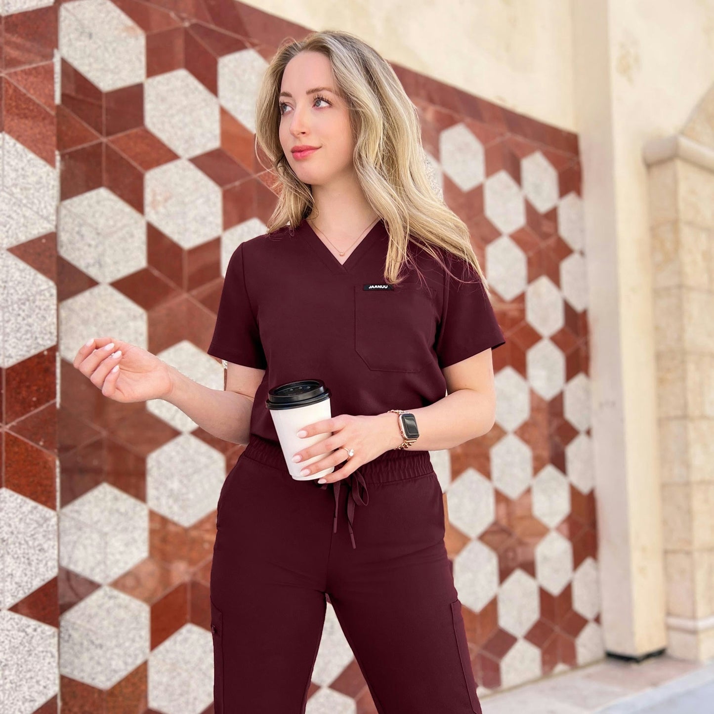 Rhena Essential 1-Pocket Scrub Top - Burgundy