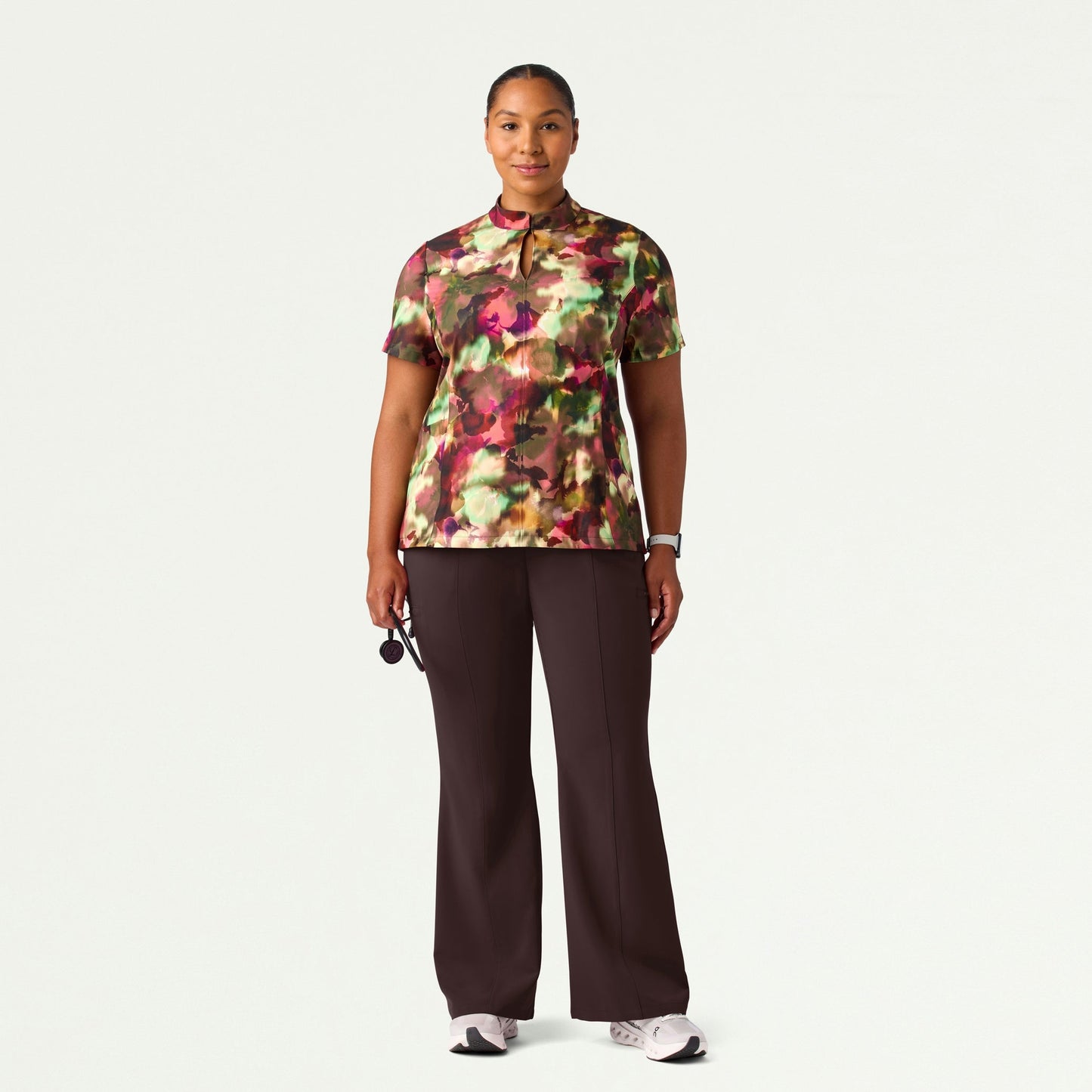 Aria Fit & Flare Mock-Neck Scrub Top - Floral Haze